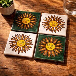 Mexican Green & White Tile Coasters with Cork Bottoms - "Hello, Mr. Sun"…